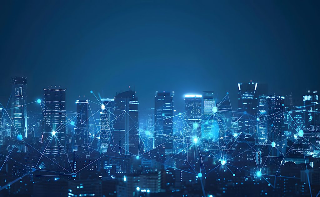 A bustling smart city skyline overlaid with glowing network connectivity lines.