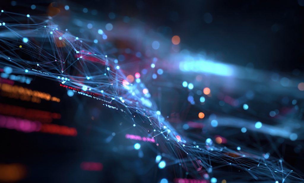 Abstract cybersecurity network visualization representing secure networking infrastructure, embedded firmware security, and connected electronics systems
