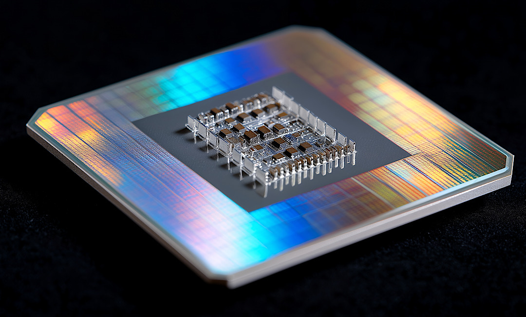 Close-up of advanced semiconductor chip and microelectronics architecture used in embedded systems and electronics manufacturing