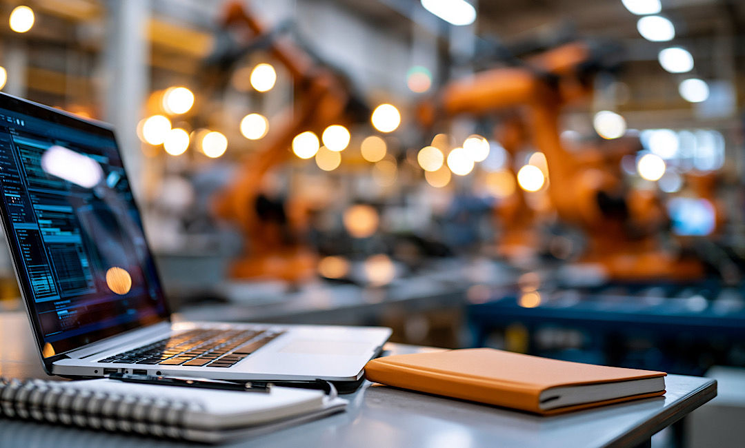 Industrial automation and embedded systems development workstation inside modern electronics manufacturing environment